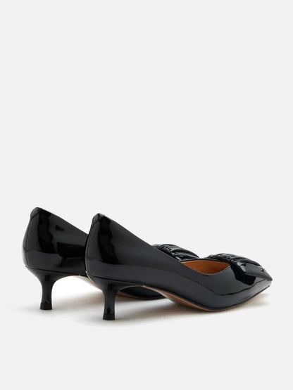 PAZZION, Demna Ruched Pointed Toe Kitten Heels, Black