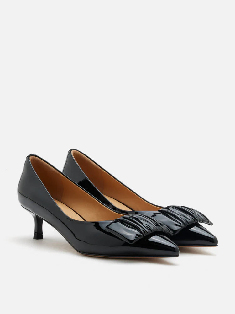 PAZZION, Demna Ruched Pointed Toe Kitten Heels, Black