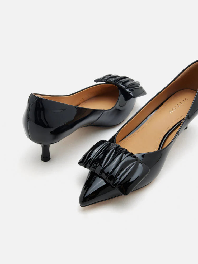 PAZZION, Demna Ruched Pointed Toe Kitten Heels, Black