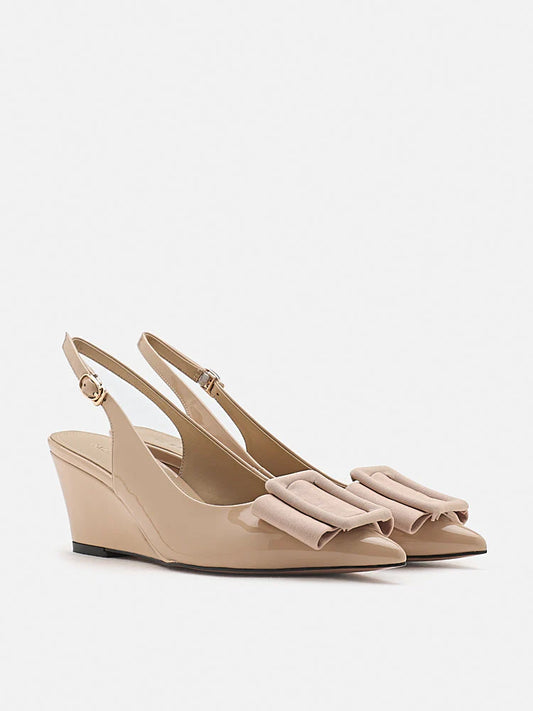 PAZZION, Donatella Bow Buckled Slingback Wedges, Almond