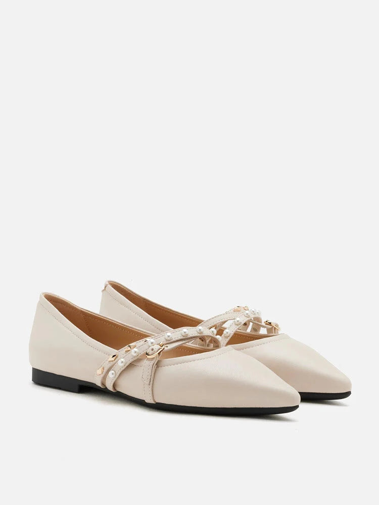 PAZZION, Elme Studded Buckle Pointed Toe Flats, Beige