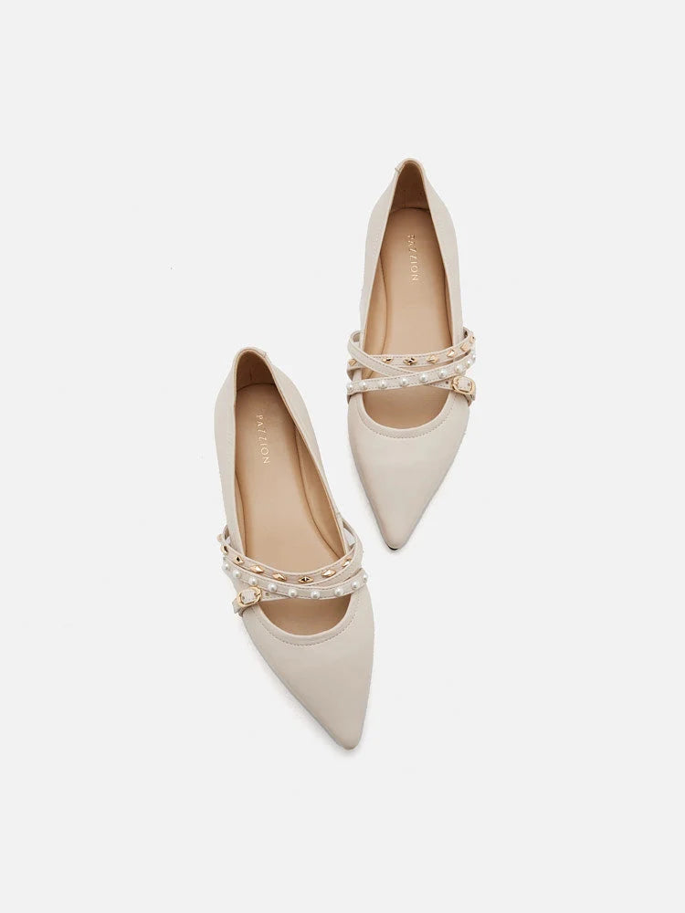 PAZZION, Elme Studded Buckle Pointed Toe Flats, Beige