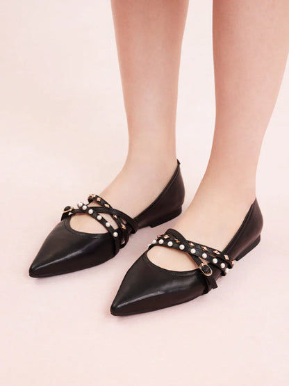 PAZZION, Elme Studded Buckle Pointed Toe Flats, Black