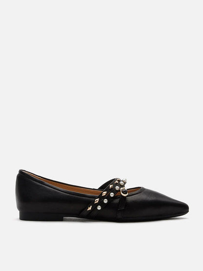 PAZZION, Elme Studded Buckle Pointed Toe Flats, Black