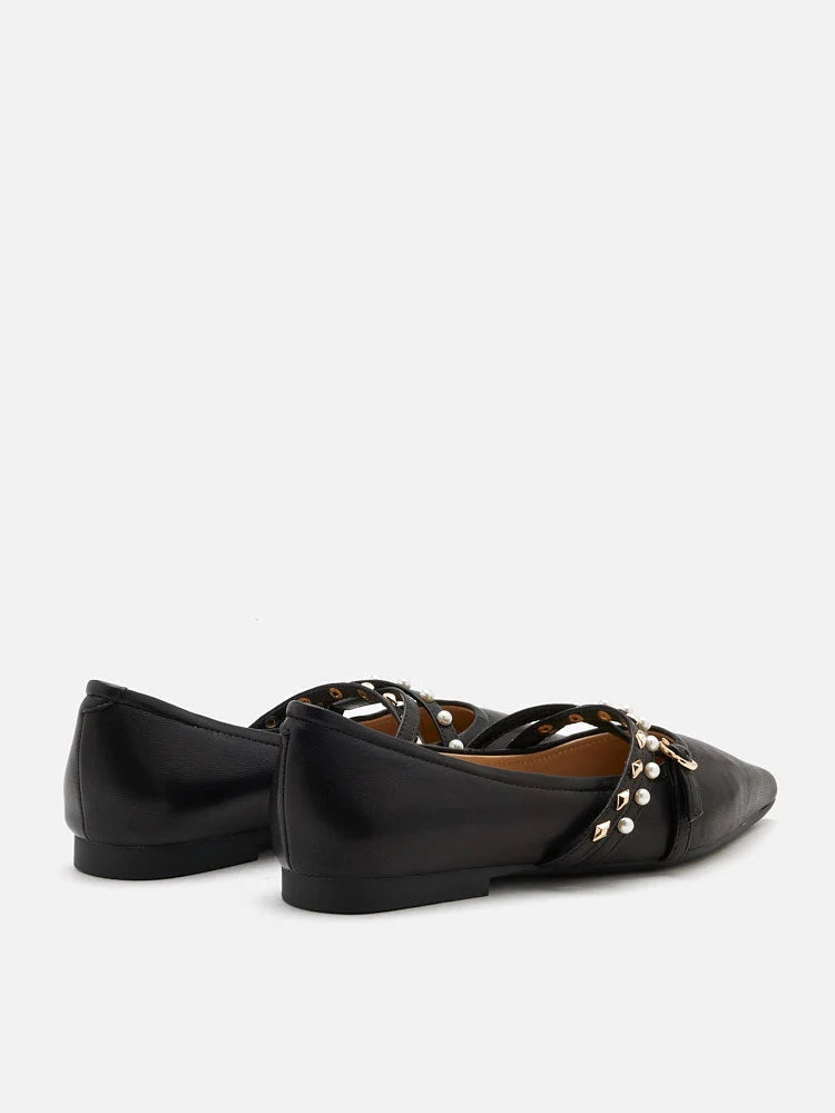 PAZZION, Elme Studded Buckle Pointed Toe Flats, Black