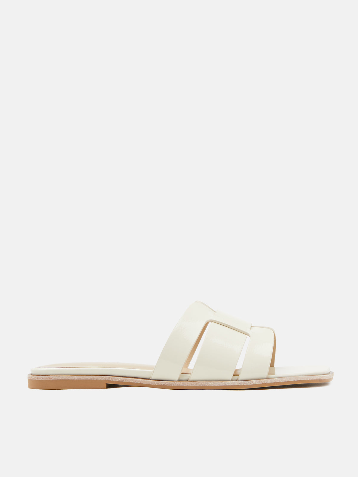 PAZZION, Elmira Interlocked Cage Glossy Leather Slides, Beige