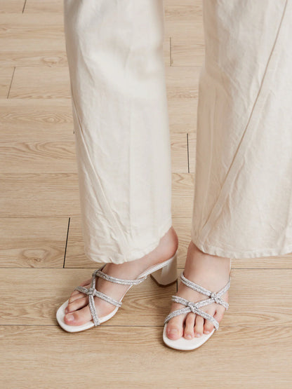 PAZZION, Ema Double Knot Crystal Sandal Heels, Beige