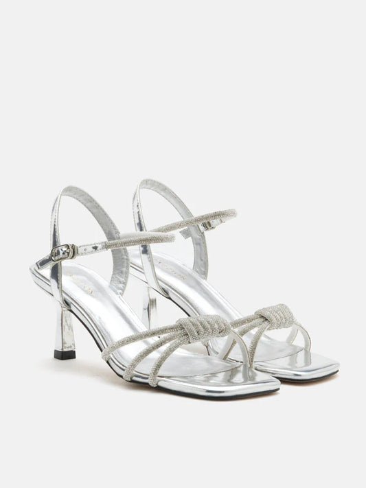 PAZZION, Emery Crystal Embellished Knot Strap Heel Sandals, Silver