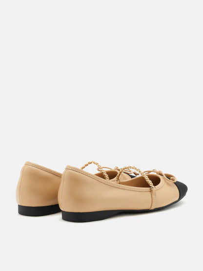 PAZZION, Emily Chained and Bow Mary Jane Ballet Flats, Almond