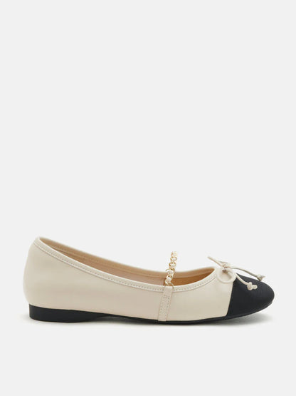 PAZZION, Emily Chained and Bow Mary Jane Ballet Flats, Beige