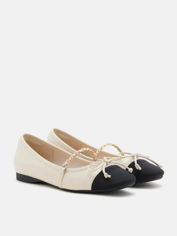 PAZZION, Emily Chained and Bow Mary Jane Ballet Flats, Beige