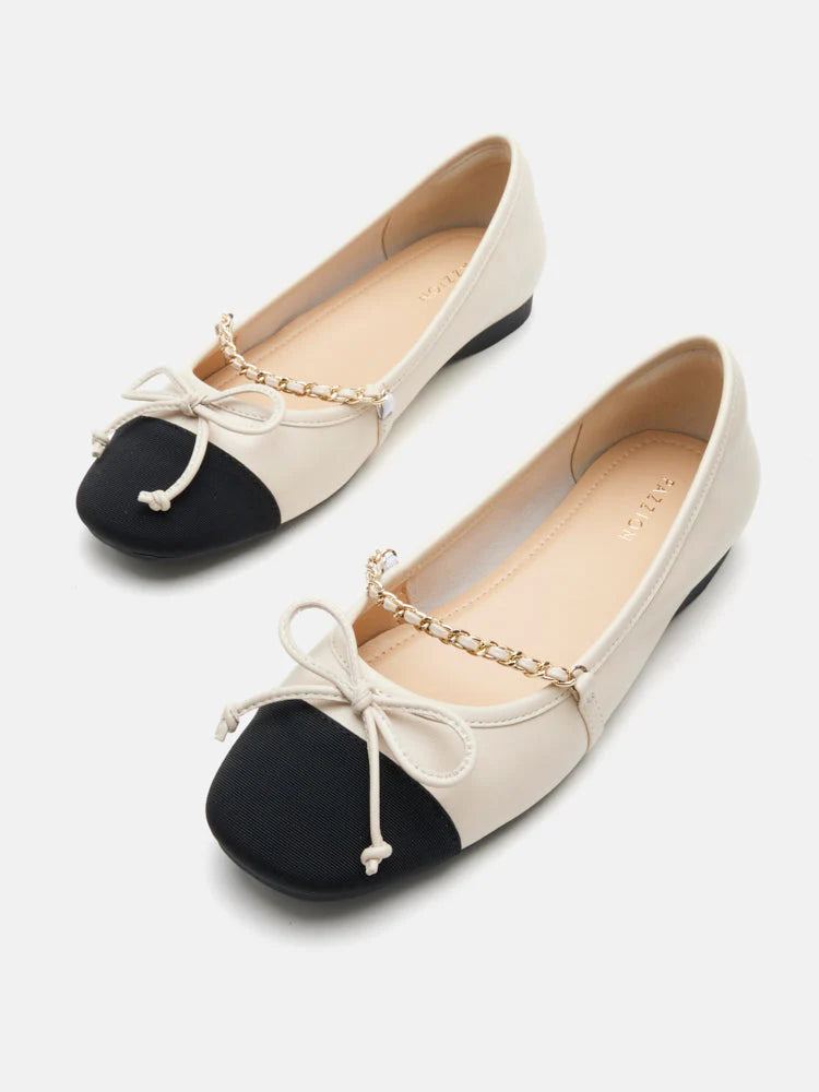 PAZZION, Emily Chained and Bow Mary Jane Ballet Flats, Beige