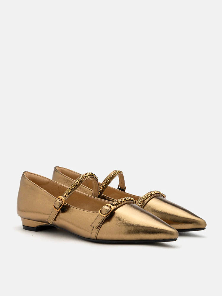 PAZZION, Eva Chained Strappy Pointed Toe Flats, Gold