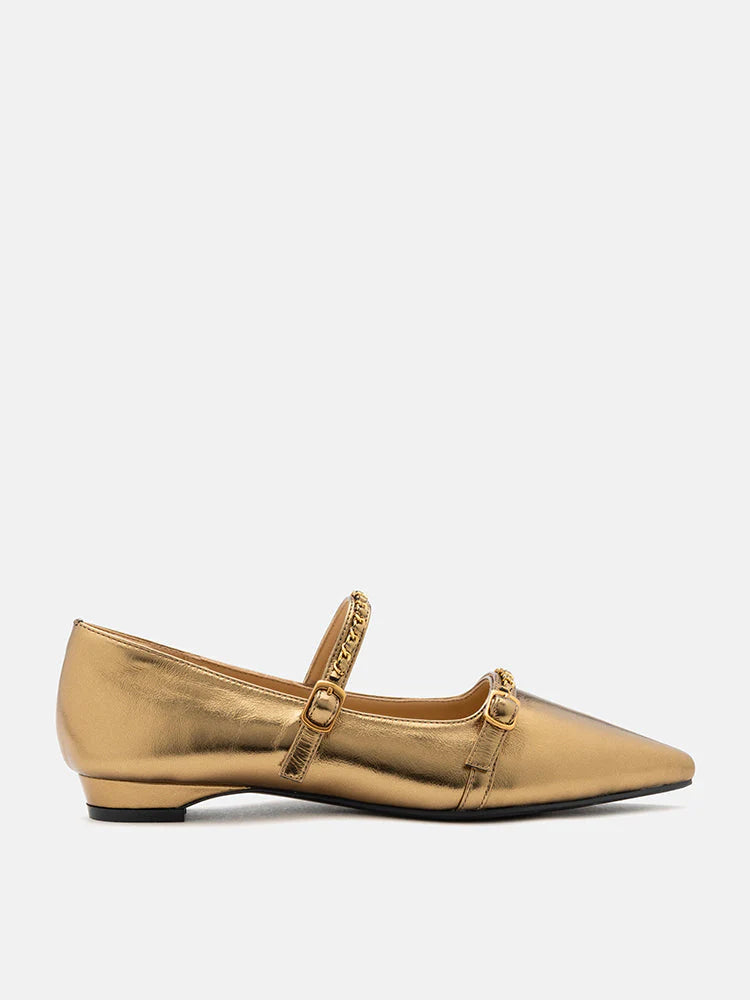 PAZZION, Eva Chained Strappy Pointed Toe Flats, Gold