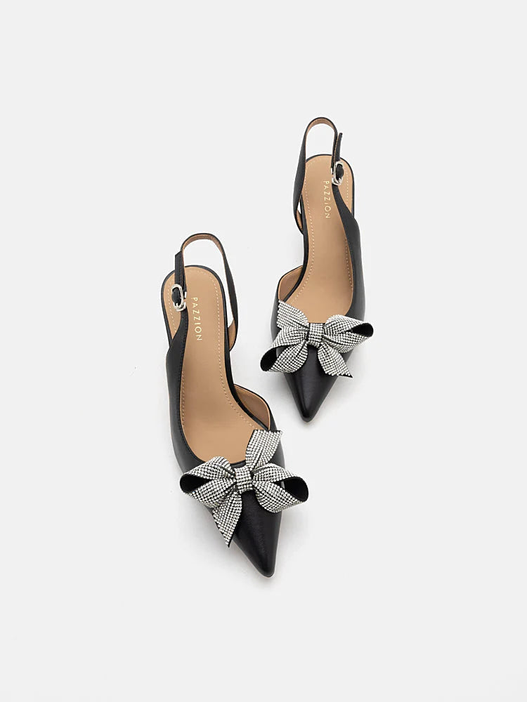 PAZZION, Faustine Crystal Embellished Bow Slingback Heels, Black