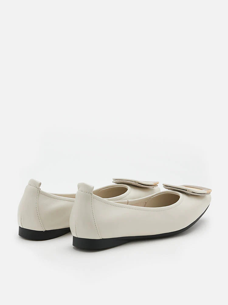 PAZZION, Faye Buckle Square-Toe Flats, Beige