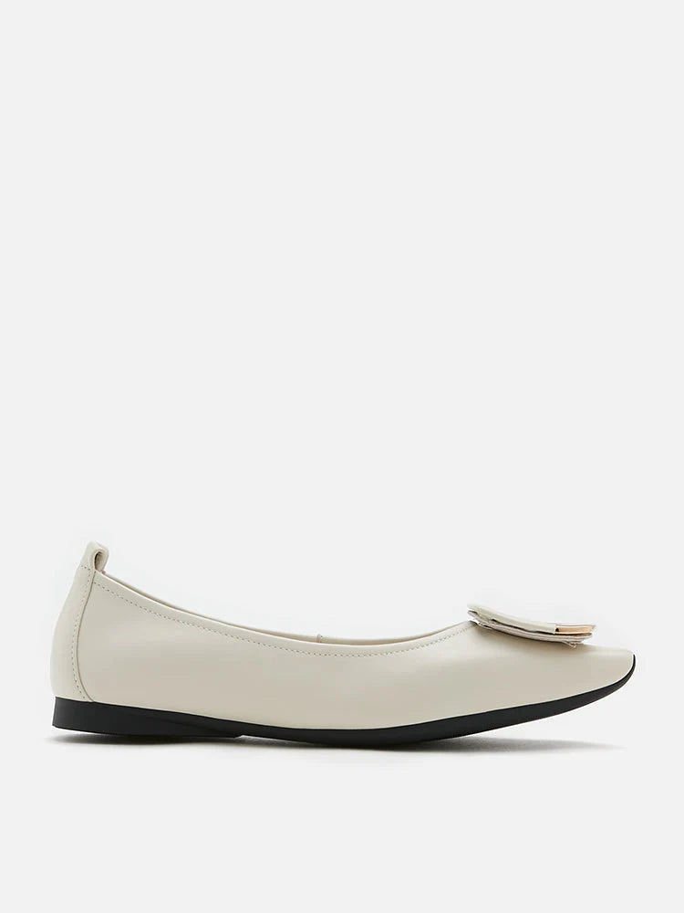 PAZZION, Faye Buckle Square-Toe Flats, Beige