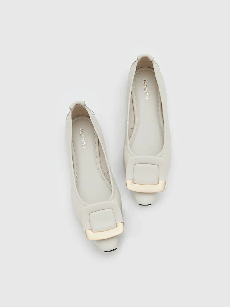 PAZZION, Faye Buckle Square-Toe Flats, Beige