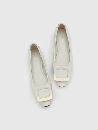 PAZZION, Faye Buckle Square-Toe Flats, Beige