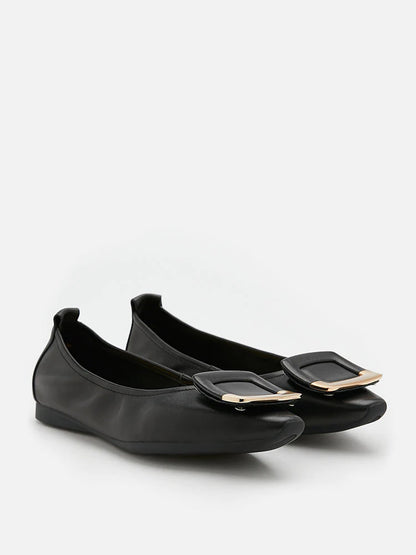 PAZZION, Faye Buckle Square-Toe Flats, Black