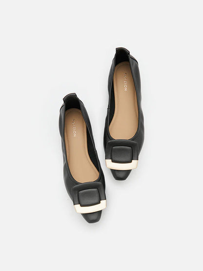 PAZZION, Faye Buckle Square-Toe Flats, Black