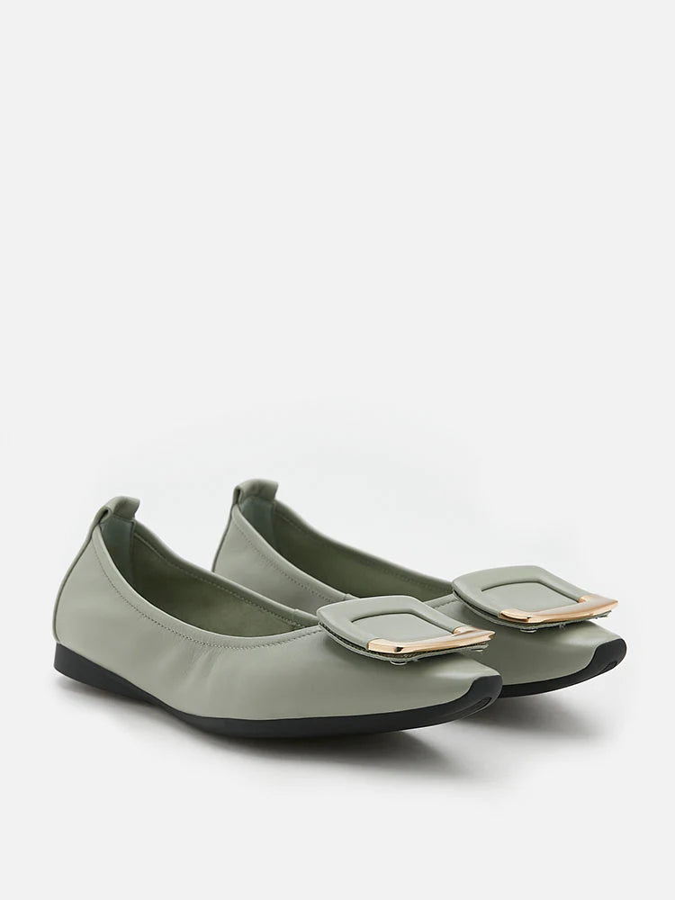 PAZZION, Faye Buckle Square-Toe Flats, Light Green