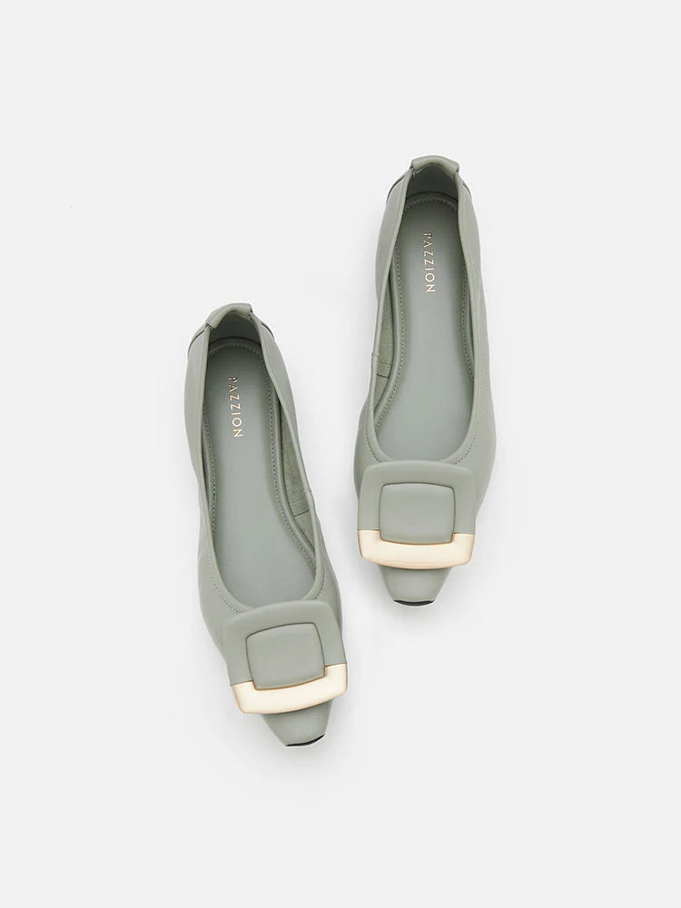 PAZZION, Faye Buckle Square-Toe Flats, Light Green