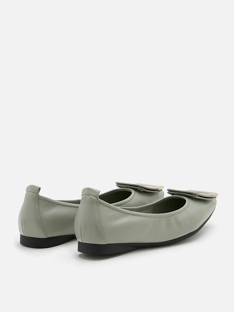 PAZZION, Faye Buckle Square-Toe Flats, Light Green