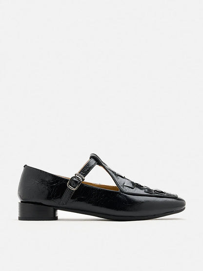 PAZZION, Feodora T-bar Weaved Loafer Flats, Black