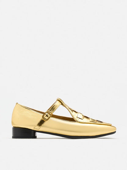 PAZZION, Feodora T-bar Weaved Loafer Flats, Gold