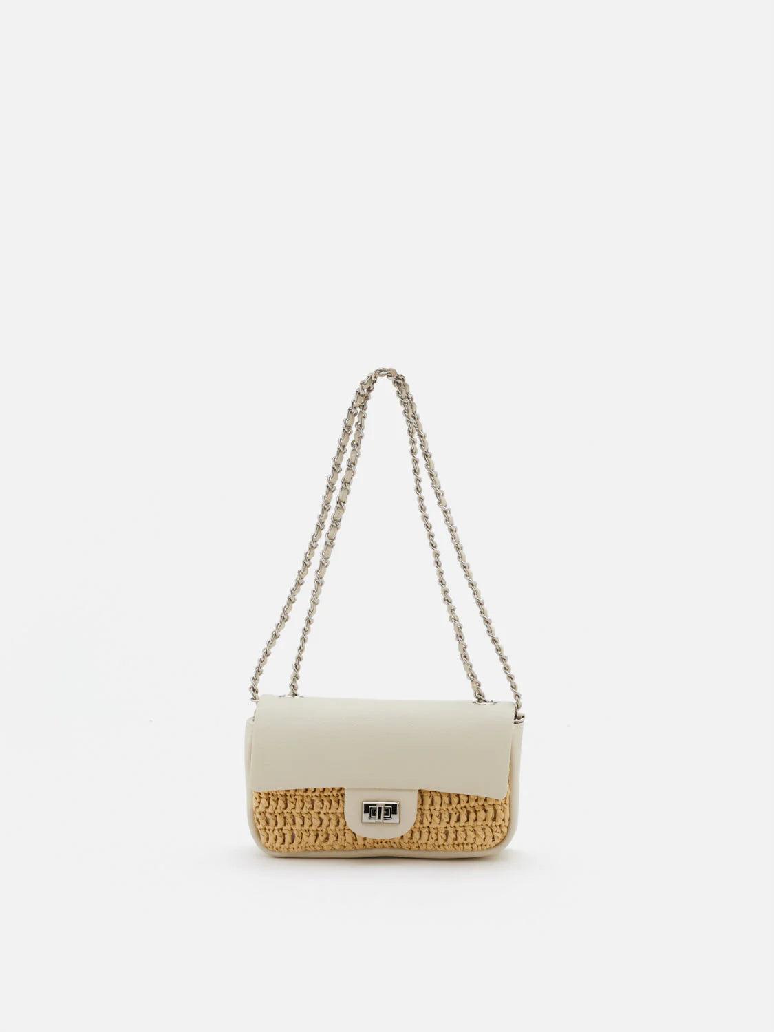 PAZZION, Fleur Raffia Leather Chained Crossbody Bag, Beige