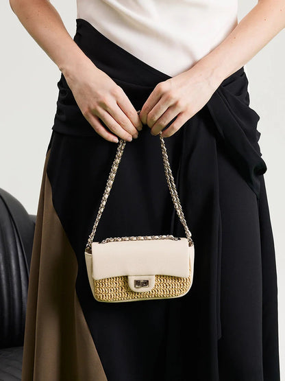 PAZZION, Fleur Raffia Leather Chained Crossbody Bag, Beige