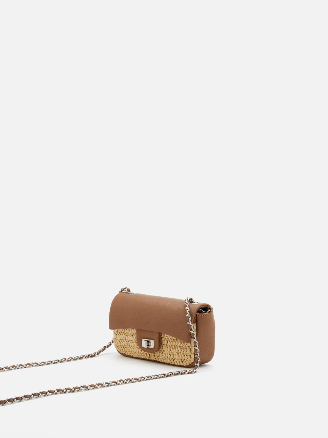 PAZZION, Fleur Raffia Leather Chained Crossbody Bag, Brown