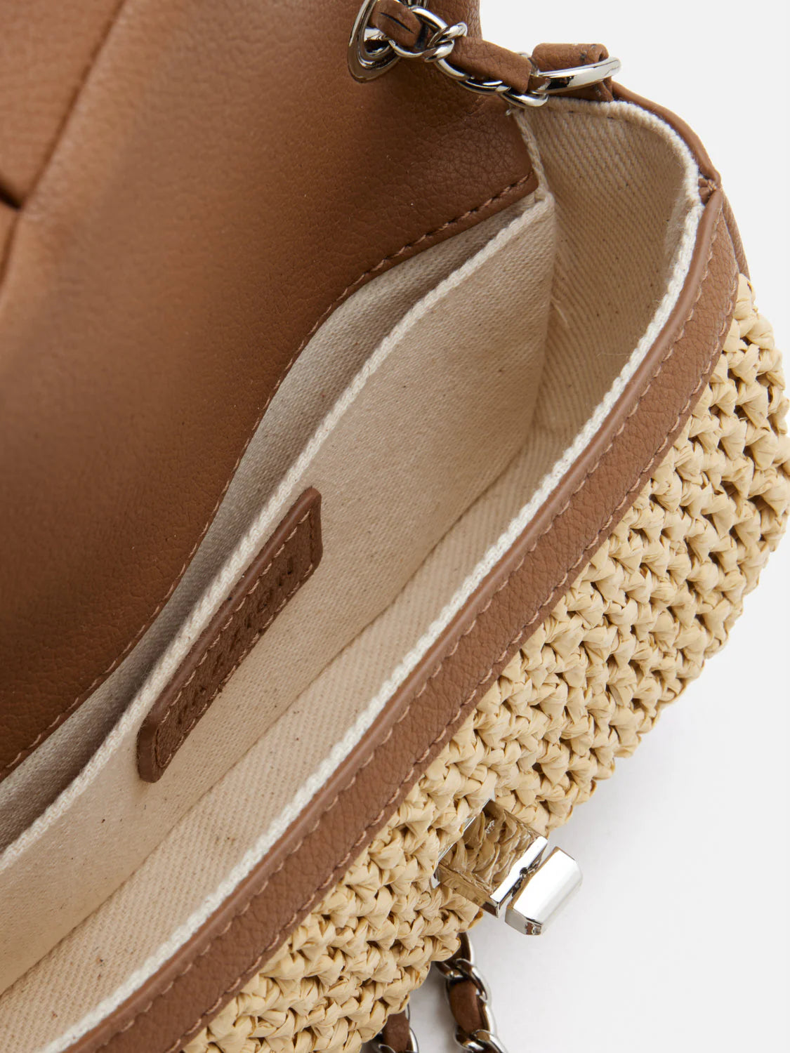 PAZZION, Fleur Raffia Leather Chained Crossbody Bag, Brown