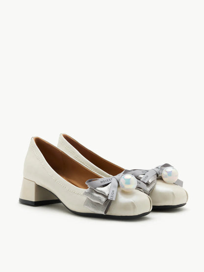 PAZZION, Florianna Ribbon and Pearl Low Block Heels, Beige