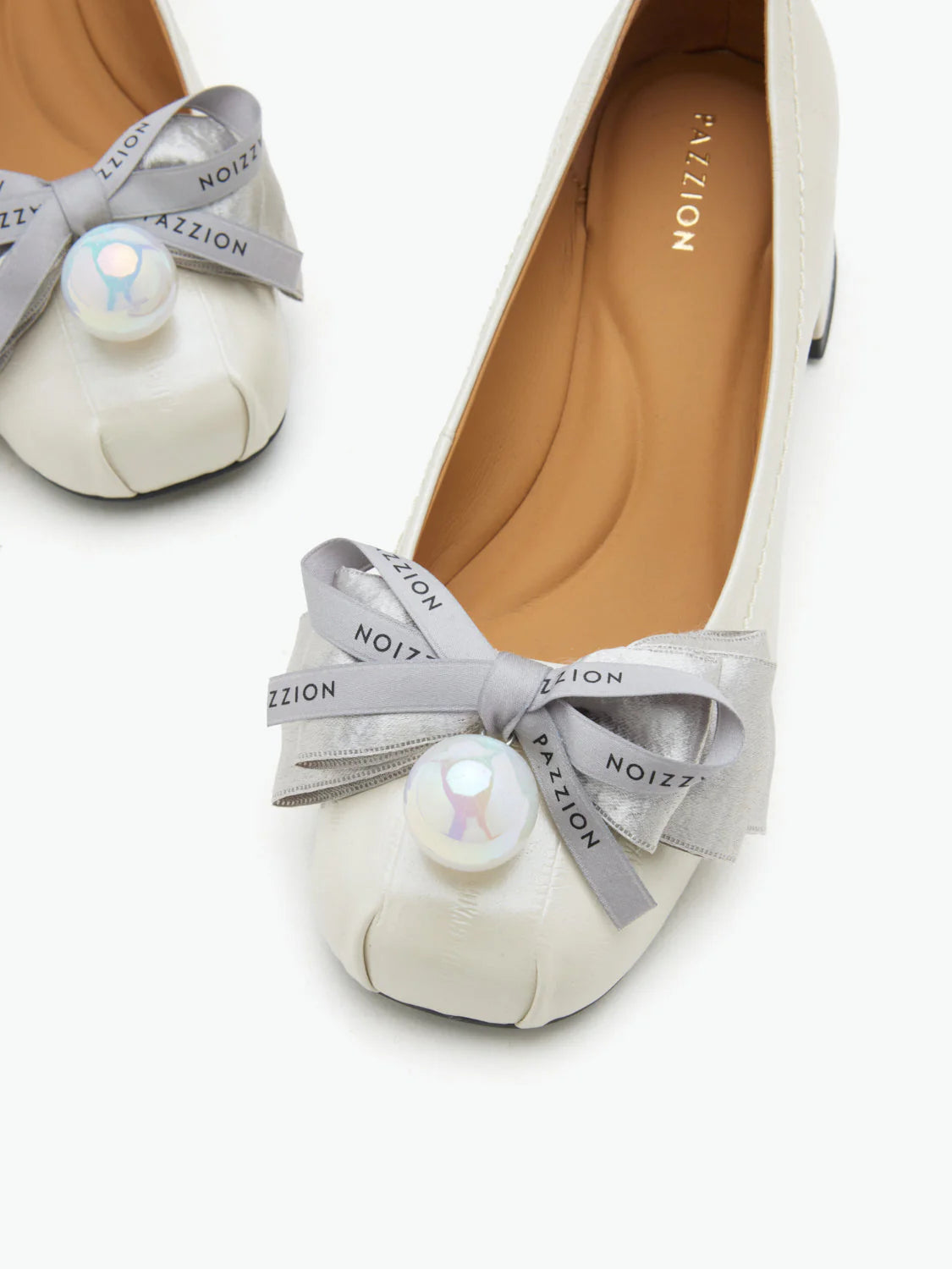 PAZZION, Florianna Ribbon and Pearl Low Block Heels, Beige