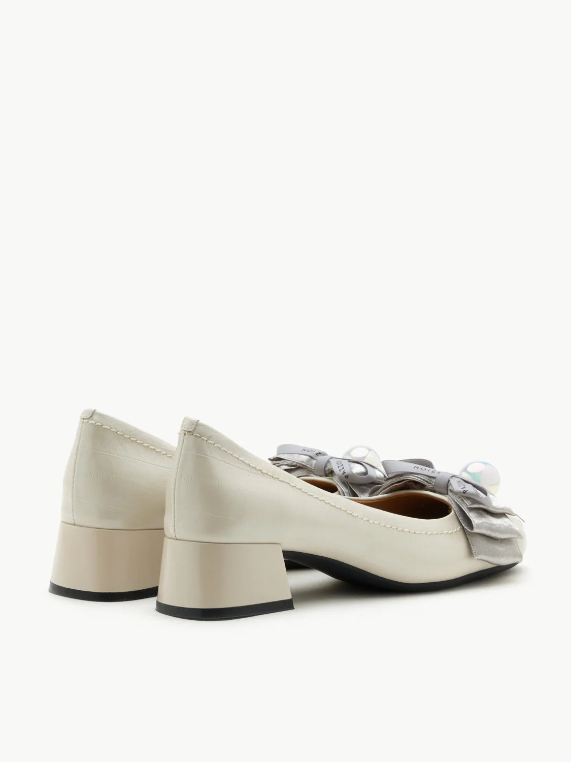 PAZZION, Florianna Ribbon and Pearl Low Block Heels, Beige