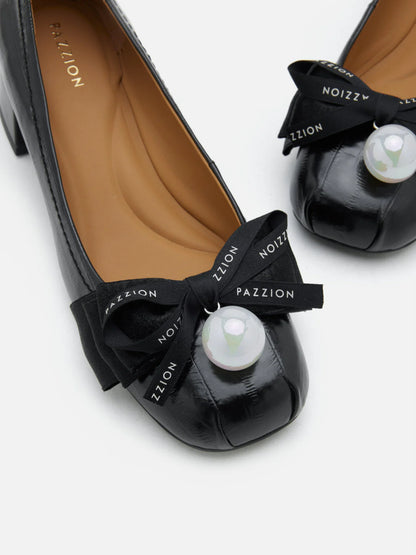 PAZZION, Florianna Ribbon and Pearl Low Block Heels, Black