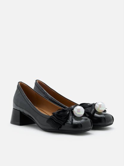 PAZZION, Florianna Ribbon and Pearl Low Block Heels, Black