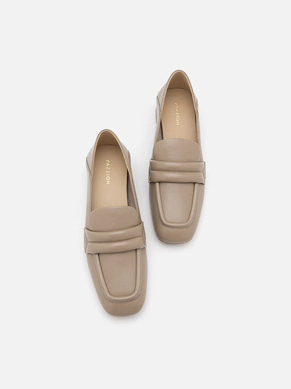 PAZZION, Gabriella Square Toe Heeled Loafers, Khaki