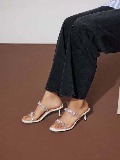 PAZZION, Greylisse Pearl Encrusted Sandal Heels, White