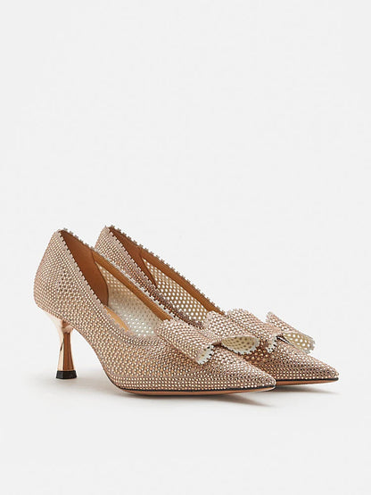 PAZZION, Guinevere Crystal Embellished Bow Perforated Heels, Champagne