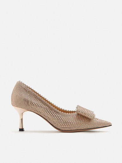 PAZZION, Guinevere Crystal Embellished Bow Perforated Heels, Champagne