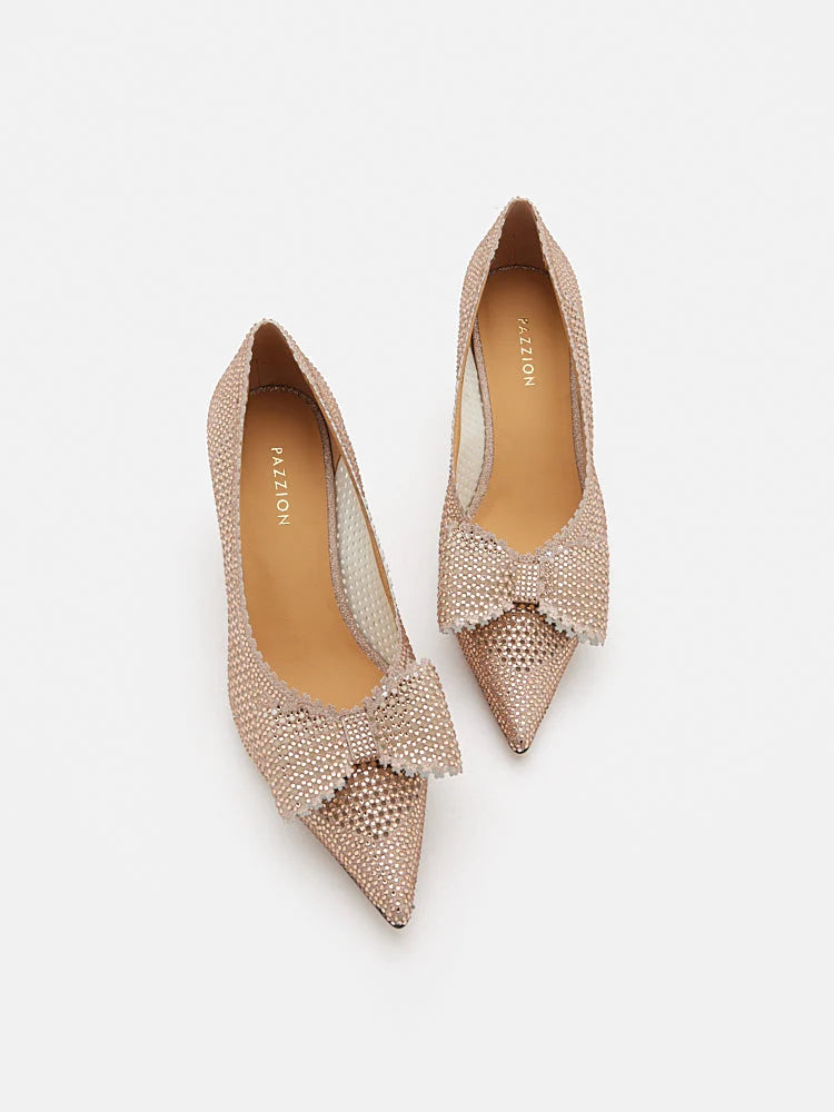 PAZZION, Guinevere Crystal Embellished Bow Perforated Heels, Champagne