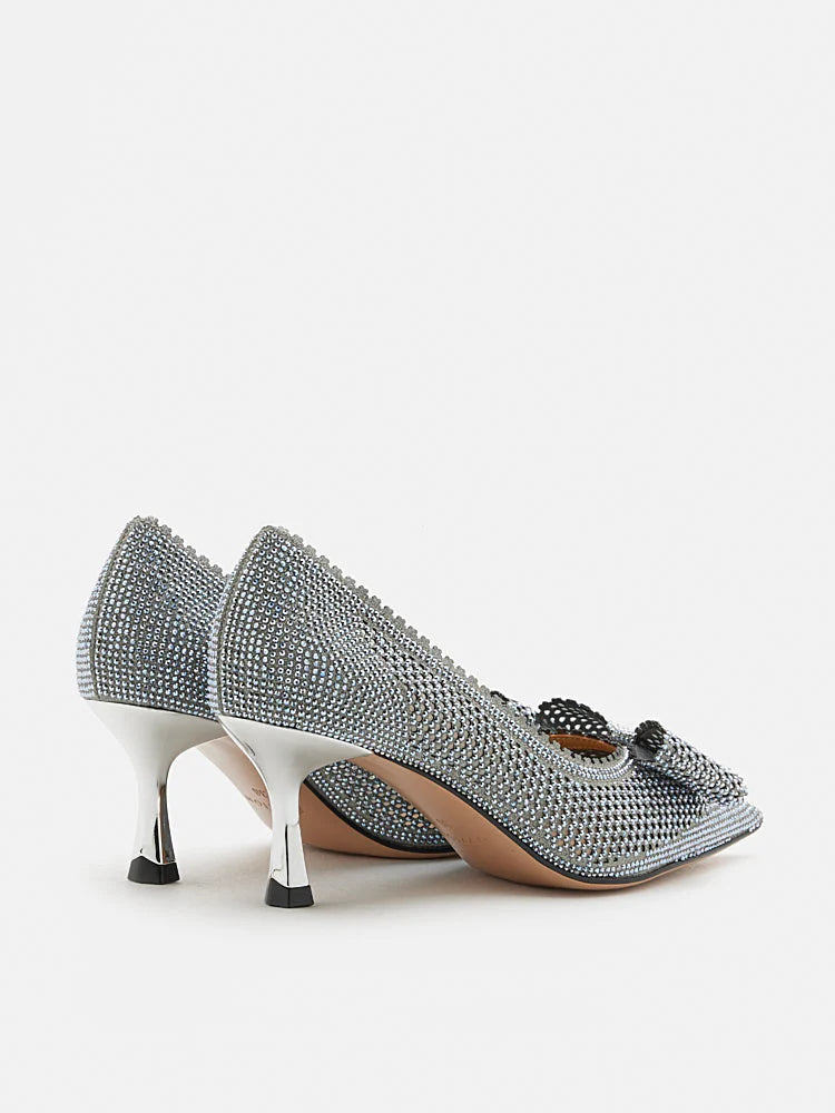 PAZZION, Guinevere Crystal Embellished Bow Perforated Heels, Pewter