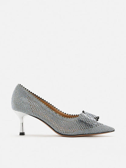 PAZZION, Guinevere Crystal Embellished Bow Perforated Heels, Pewter