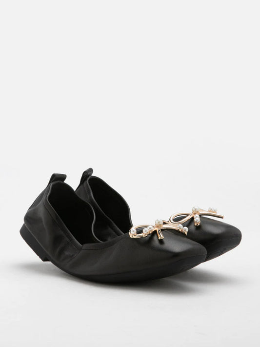 PAZZION, Hailey Foldable Square-Toe Bow Flats, Black