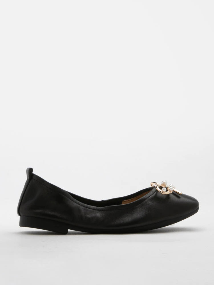 PAZZION, Hailey Foldable Square-Toe Bow Flats, Black