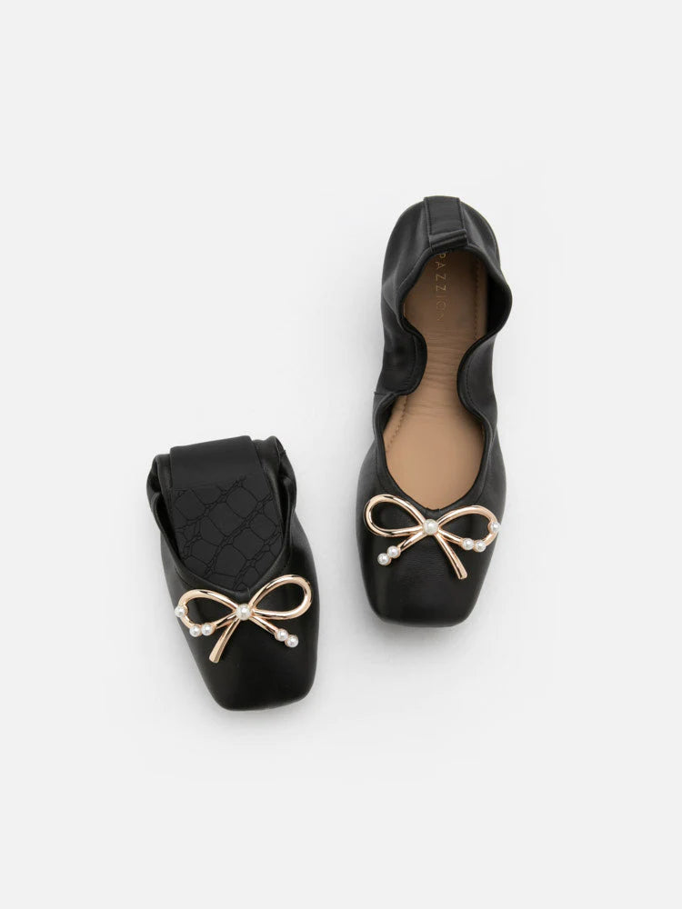 PAZZION, Hailey Foldable Square-Toe Bow Flats, Black