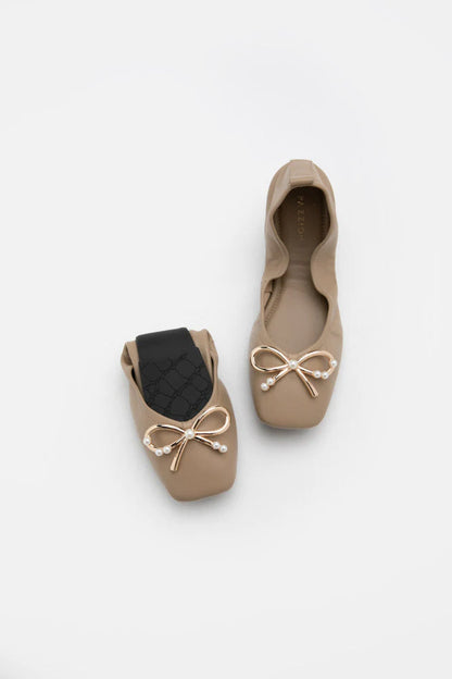 PAZZION, Hailey Foldable Square-Toe Bow Flats, Khaki